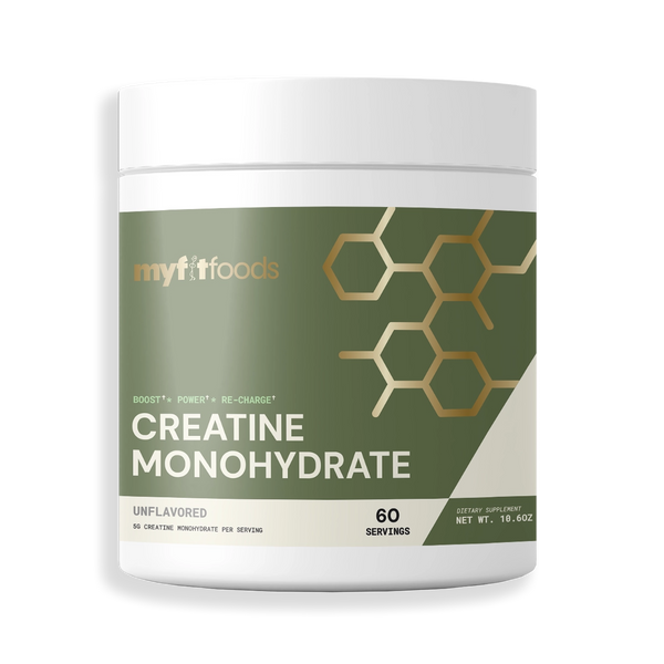 Creatine monohydrate in a container sits on an isolated background. The design is green with gold accents and the creatine is unflavored with 60 servings.