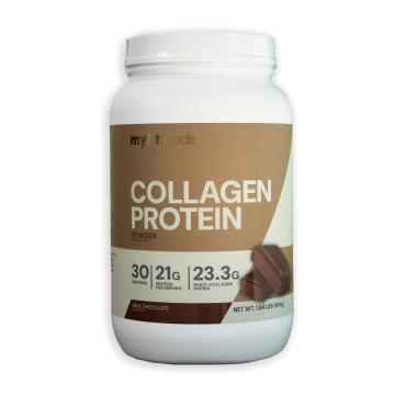 Large container of MyFitFoods Collagen Protein featuring a chocolate bar graphic on the front label indicating that this is the chocolate flavor of this healthy supplement.