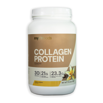 Large container of MyFitFoods Vanilla Collagen Protein featuring a vanilla flower graphic on the front label, indicating the vanilla flavor of this healthy supplement.