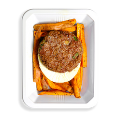 This looks like my kind of breakfast, a bison patty with herbs mixed in sits atop a perfectly cooked egg which sits on top a bed of sweet potato fries.  This is the perfect breakfast for someone needing high quality calories on the go.