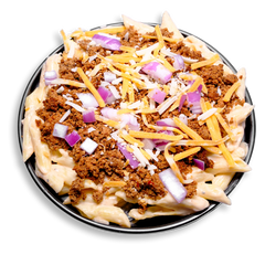 A visually striking healthy prepared meal featuring gluten-free penne pasta cloaked in velvety cheese sauce, crowned with golden-brown seasoned ground turkey. Garnished with vivid purple-red onion cubes and a scatter of cheddar and parmesan shreds, this dish balances indulgence with clean eating. Ideal for meal preppers seeking a nutrient-dense twist on a classic, it delivers bold spices like chipotle and nutmeg in every bite.