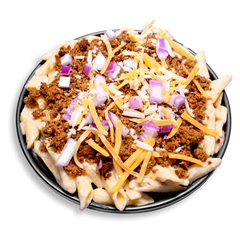 A creamy, indulgent yet health-conscious bowl of gluten-free penne pasta smothered in a rich cheddar-parmesan cheese sauce. Topped with savory lean ground turkey seasoned with garlic, cumin, and chipotle, the dish is finished with vibrant chopped red onions and a sprinkle of shredded cheddar. A refined twist on traditional mac and cheese, perfect for gourmet-style healthy meal prep with bold flavor and balanced nutrition.