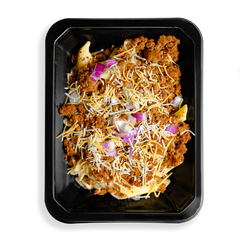 Cheese and red onion are sprinkled in perfect proportion over lean ground turkey and penne pasta and is seasoned to perfection. The portioning looks to be the perfect sized healthy prepared meal for lunch or for dinner.