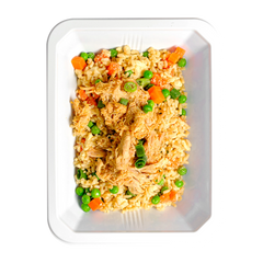 This is small container loaded with a fried rice dish containing brown rice, chicken thigh, peas, carrots, and green onions.  It looks like food a healthy meal prep service would cook in order to supply their customer base with healthy, flavorful food options. 