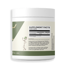 Back view of a creatine monohydrate container on an isolated background, showing supplement facts and usage instructions. The green design with gold accents continues around the label. The product is unflavored with 60 servings and the supplement facts are featured on the back alongside the MyFitFoods mascot.