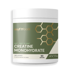 Creatine monohydrate in a container sits on an isolated background.  The design is green with gold accents and the creatine is unflavored with 60 servings.