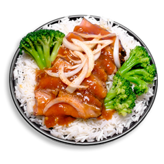 A healthy prepared meal featuring tender slices of all-natural flank steak glazed in a glossy, house-made low-sodium teriyaki sauce. The beef is nestled over a fluffy bed of white basmati rice and flanked by vibrant steamed broccoli florets, with a finishing touch of crisp julienned onions for added texture and flavor. A high-protein, clean-eating option ideal for healthy meal prep.