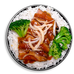 Top-down view of a nutrient-packed health food dish served on a black plate  Centered is juicy, thinly sliced flank steak coated in a rich teriyaki glaze, topped with lightly sautéed onion strips. The steak rests atop a generous portion of long-grain white rice and is paired with bright green broccoli for a balanced and satisfying healthy meal prep entrée.
