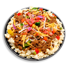 A savory breakfast-style dish piled with seasoned ground turkey and fluffy scrambled eggs, generously adorned with melted cheddar, roasted corn, bell peppers, diced jalapeños, and a lively medley of tomatoes, red onions, and herbs. This healthy prepared meal combines bold southwestern flavors with nutrient-rich ingredients, ideal for anyone seeking health food that’s both satisfying and energizing.