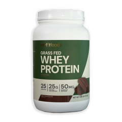Large container of MyFitFoods 100% Grass Fed Whey Protein in chocolate flavor, featuring a chocolate bar graphic on the front label.