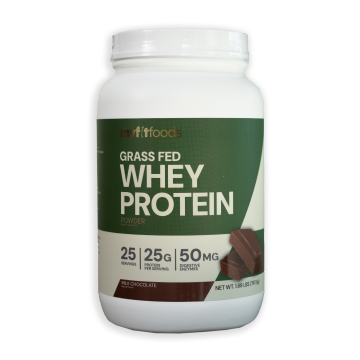 Large container of MyFitFoods 100% Grass Fed Whey Protein in chocolate flavor, featuring a chocolate bar graphic on the front label.