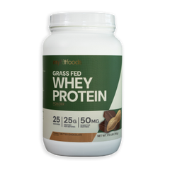 Large container of MyFitFoods 100% Grass Fed Whey Protein in chocolate peanut butter flavor, featuring a chocolate bar and peanut graphic on the front label.