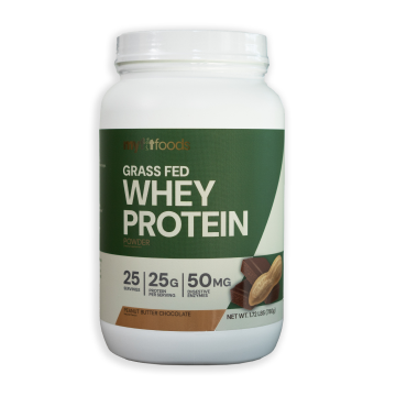 Large container of MyFitFoods 100% Grass Fed Whey Protein in chocolate peanut butter flavor, featuring a chocolate bar and peanut graphic on the front label.