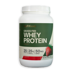 Large container of MyFitFoods 100% Grass Fed Whey Protein in strawberry flavor, featuring a fresh strawberry graphic on the front label.