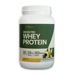 A large container with MyFitFoods 100% Grass Fed Whey Protein vanilla bean flavored information on the front.