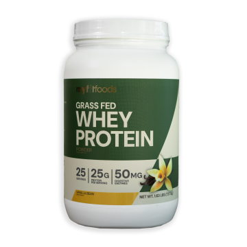 A large container with MyFitFoods 100% Grass Fed Whey Protein vanilla bean flavored information on the front.