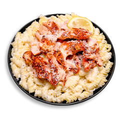 A flavorful health food dish featuring tender, spice-rubbed Atlantic salmon, oven-roasted and shredded atop a generous serving of creamy gluten-free brown rice rotini. The salmon is seasoned with zesty lemon, garlic, and red chili flakes, and the pasta is coated in a rich, house-made gluten-free Alfredo sauce—an ideal choice for healthy meal prep.