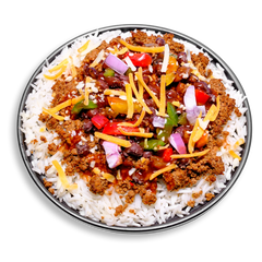 A vibrant, nutritious taco bowl featuring a bed of fluffy white jasmine rice topped with slow-cooked lean ground turkey in red enchilada sauce. Scattered over the top are hearty black beans, diced red and green bell peppers, purple onion chunks, and a sprinkling of shredded cheddar-jack cheese. The dish bursts with Southwestern flavor, perfect for health-conscious meal prep enthusiasts seeking a balanced and protein-rich option.