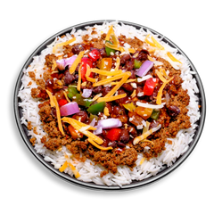 An artfully arranged bowl that highlights health and flavor: fluffy jasmine rice layered with spiced ground turkey simmered in enchilada sauce, paired with black beans and diced bell peppers in red, yellow, and green. Topped with vibrant purple onion slivers and a light handful of cheddar-jack cheese, this taco bowl offers a nutrient-dense, dairy-included option for clean eaters and fitness-focused meal preppers.