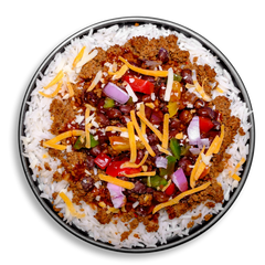This colorful health food dish showcases a generous serving of lean ground turkey, seasoned to perfection with chili powder, cumin, and roasted garlic, laid over a base of aromatic jasmine rice. It's adorned with black beans, crisp bell peppers, red onions, and melty cheddar cheese, making it a visually enticing and flavor-forward healthy prepared meal. A hint of cilantro adds a final touch of freshness, ideal for guilt-free indulgence.