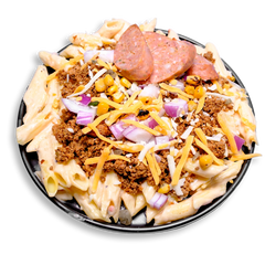 A bold and hearty healthy prepared meal featuring creamy penne-style macaroni layered with seasoned lean ground turkey, bison, and pork. Topped with thick slices of all-natural jalapeño cheddar sausage, fire-roasted corn and poblano peppers, finely chopped red onion, and a sprinkle of shredded cheddar and parmesan cheeses. This vibrant health food plate delivers high-protein flavor with a spicy, smoky kick—perfect for nutrient-rich healthy meal prep.