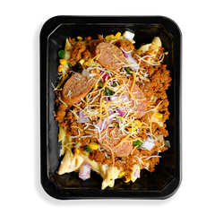 this is a container filled with tons of flavors, textures and colors.  I see sausage atop ground meat as well as pasta and some mixed veggies.  Shredded yellow and white cheese sits on top of all this food.  This food is filling a togo container and looks like a perfect meal for someone on the go while trying to watch what they eat.