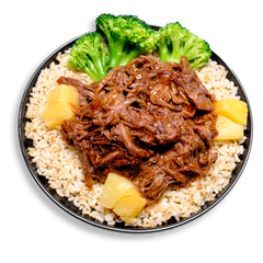 A colorful and hearty health food plate with shredded beef soaked in a glossy, seasoned teriyaki blend. Surrounding the beef are tender florets of steamed broccoli and cubes of fresh pineapple, all resting on a bed of fiber-rich brown rice—crafted for flavor, function, and fitness-focused lifestyles.