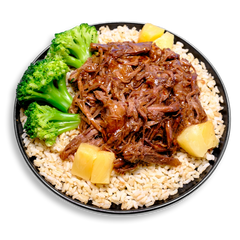 A vibrant healthy prepared meal featuring tender shredded beef glazed in teriyaki and Worcestershire sauce, nestled atop a fluffy bed of parboiled brown rice. Bright green steamed broccoli florets line one side of the bowl, while juicy golden pineapple chunks add a burst of tropical sweetness. This balanced plate is perfect for anyone looking for a high-protein, nutrient-packed health food option.