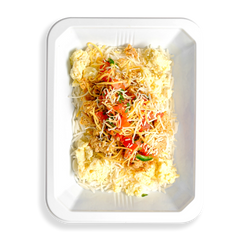 A filling breakfast scramble featuring white rice, soft scrambled eggs, and tender shredded chicken thighs, topped with fresh pico de gallo and melted cheddar jack cheese, all packed into a white to-go container. It looks like an ideal way to kick off the day—crafted for those who want satisfying, flavorful food without compromising on quality.